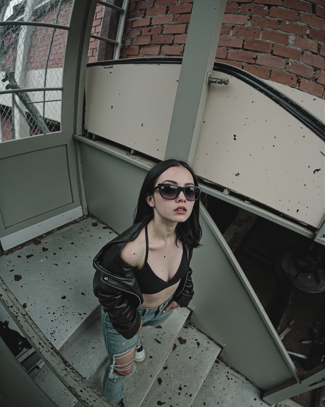 Woman in sunglasses and black jacket standing inside a spiral staircase with brick wall background