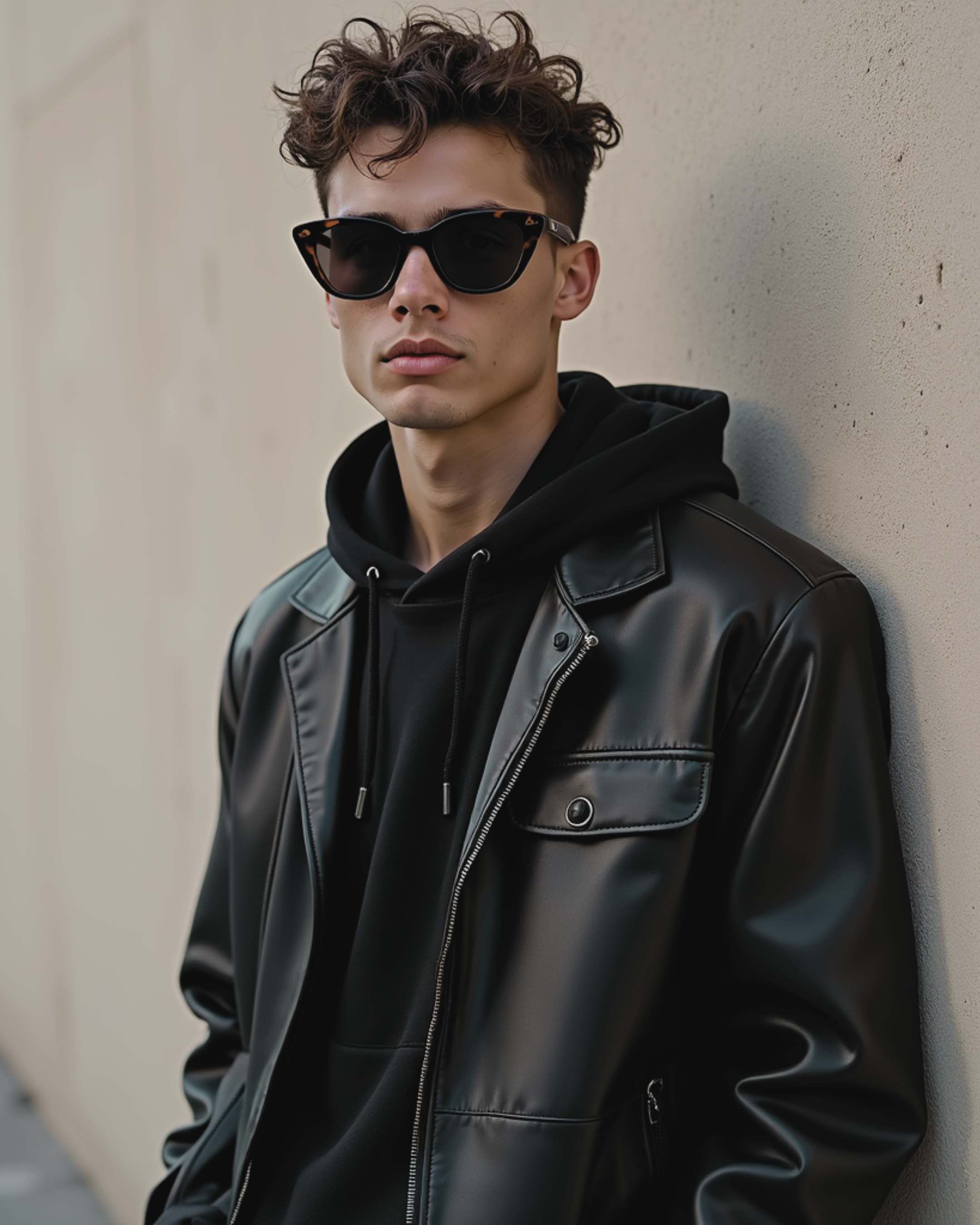 Man wearing a black leather jacket and sunglasses against a plain background