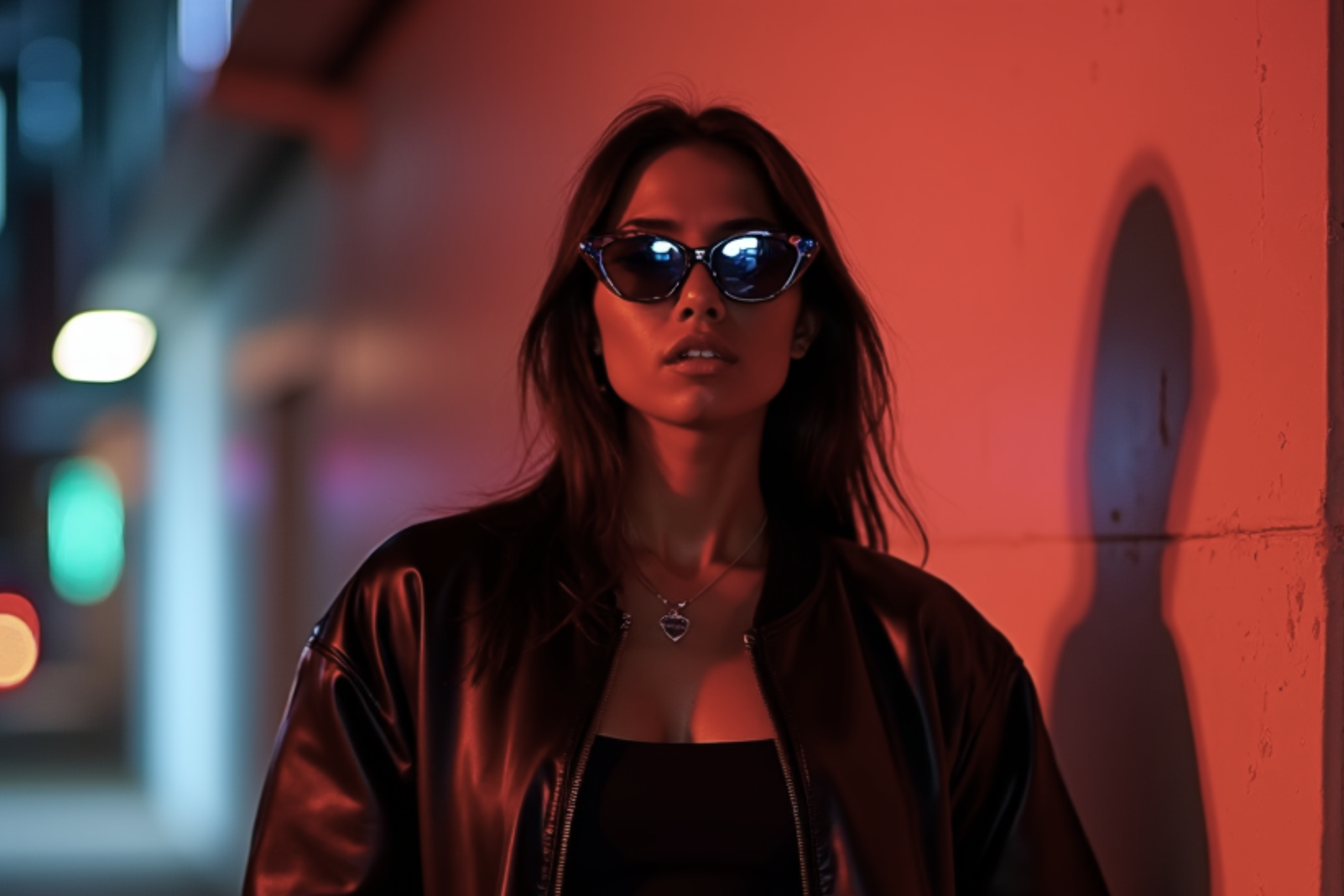 Person wearing a black leather jacket and skirt with sunglasses against a red neon wall.